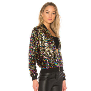 NBD Rovolve Women's The Rainbow Bomber Jacket in Sequins multi color size Large